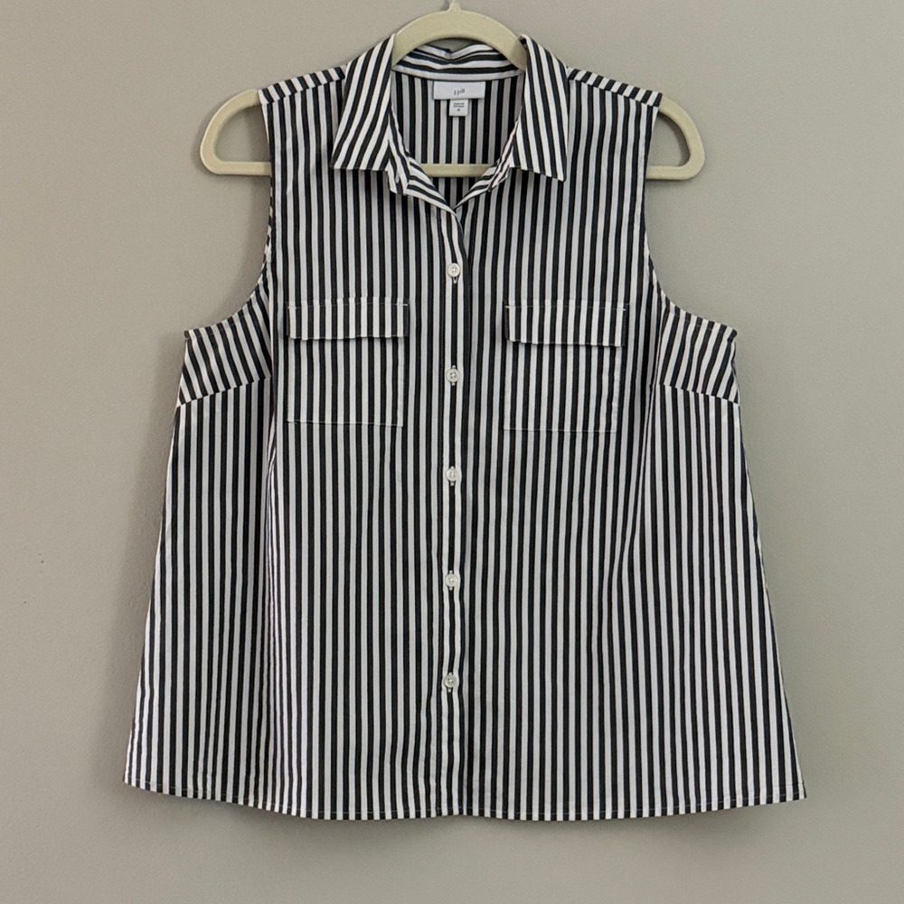 J. Jill Women’s Cotton Black White Striped Sleeveless Button Down Shirt Medium